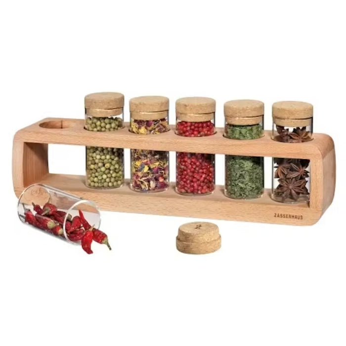 Zassenhaus Spice Rack with 6 Glass Jars + Cork Lids