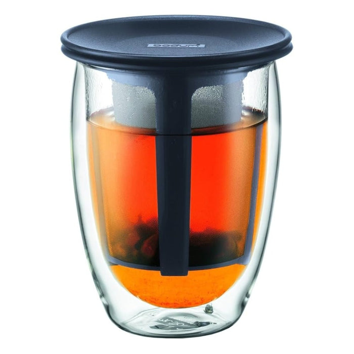 Bodum Tea for One Double Wall Glass with Tea Strainer 0.35L Black - Gourmet Gear