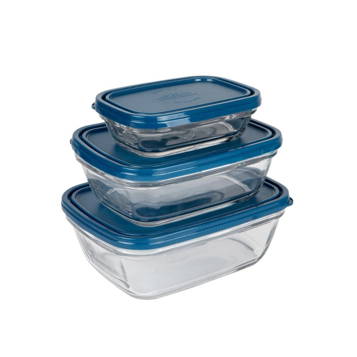 Duralex Freshbox Rectangular Glass Container with Blue Lid – Set of 3 - Gourmet Gear